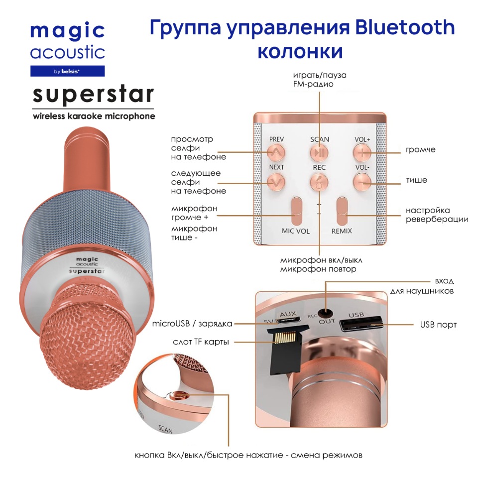 Микрофон-колонка Belsis Magic Acoustic Superstar Gold (MA3001RGD), купить в  Москве, цены в интернет-магазинах на Мегамаркет