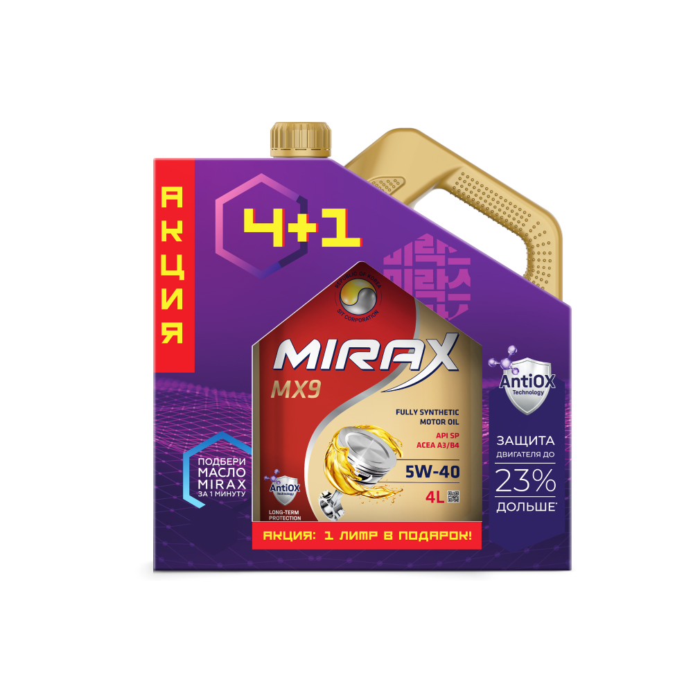 Моторное масло MIRAX MX9 5W-40 ACEA A3/B4 API SP Синтетическое 4л+1л - купить в Москве, цены на Мегамаркет