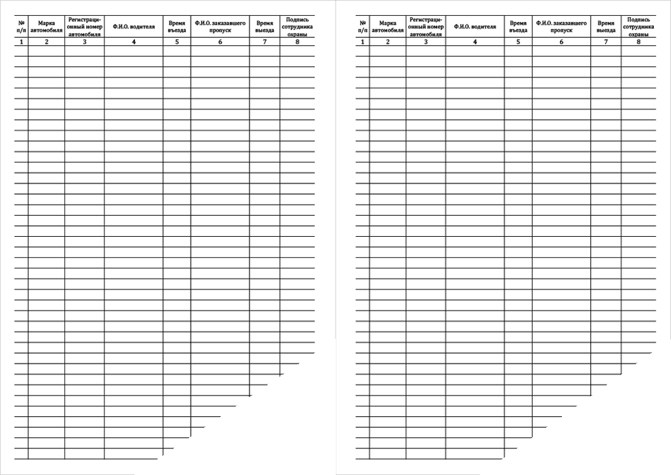Журнал учета автотранспорта для охраны образец