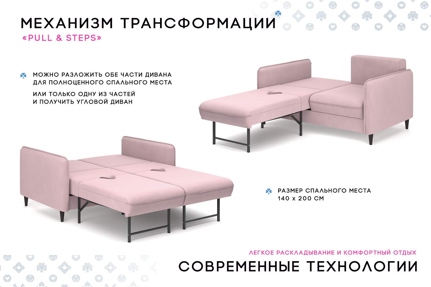 Диван-кровать раскладной PUSHE Фьорд Smart 140, микровелюр, розовый -купить в Москве, цены на Мегамаркет