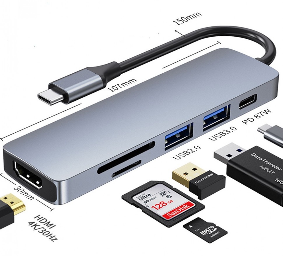 Переходник 6 в 1 USB-C Хаб + Card reder HDTV, купить в Москве, цены в  интернет-магазинах на Мегамаркет