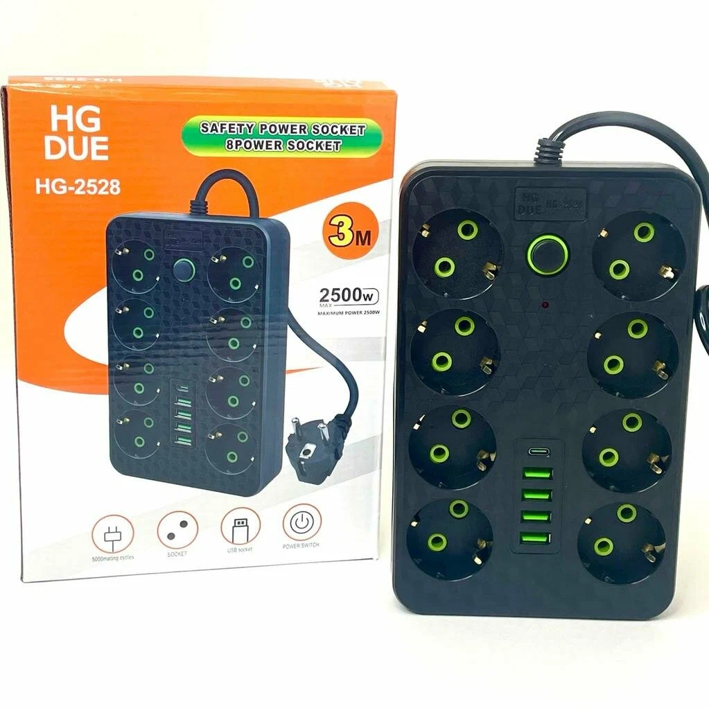 Сетевой фильтр, HG-2528, 8 розеток, 4 USB, 1 Type-C, 3 м, черный - купить в Москве, цены на Мегамаркет | 600014547413