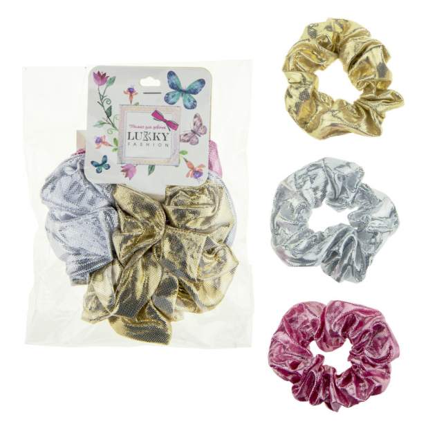 Резинки для волос Lukky текстильные, блестящие, 3 шт: золотая, серебряная, розовая