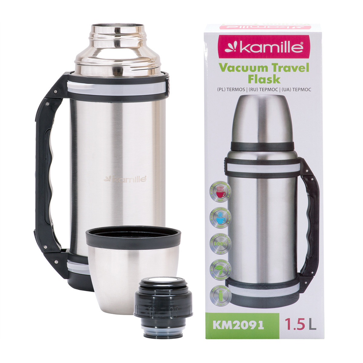 фото Термос kamille 1500ml. из нержавеющей стали с ручкой и ремешком