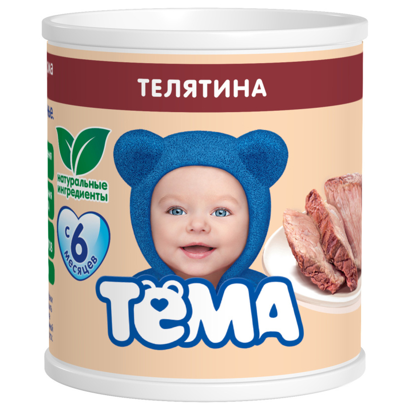 Мясное детское питание. Пюре тёма кролик (с 6 месяцев) 100 г, 1 шт. Пюре мясное тема говядина с сердцем 100 г ж/б. Тема говядина гречка 100г ж б. Пюре тема говядина/язык с 8мес 100г ж/б.