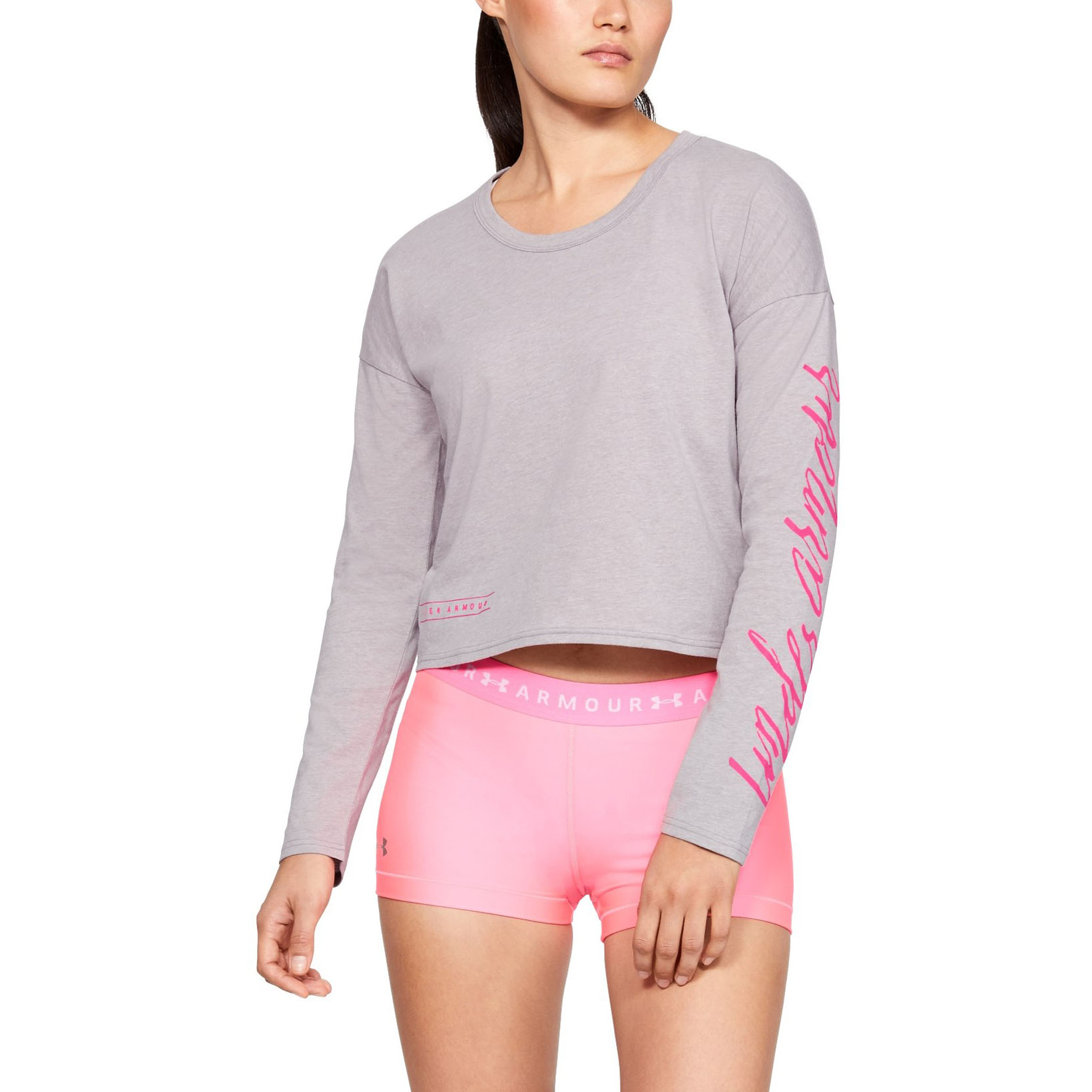 фото Лонгслив женский under armour sleeve script graphic crop ls серый l