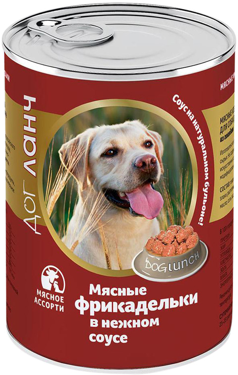 фото Консервы для собак dog lunch, фрикадельки в нежном соусе, мясное ассорти, 6шт по 850г