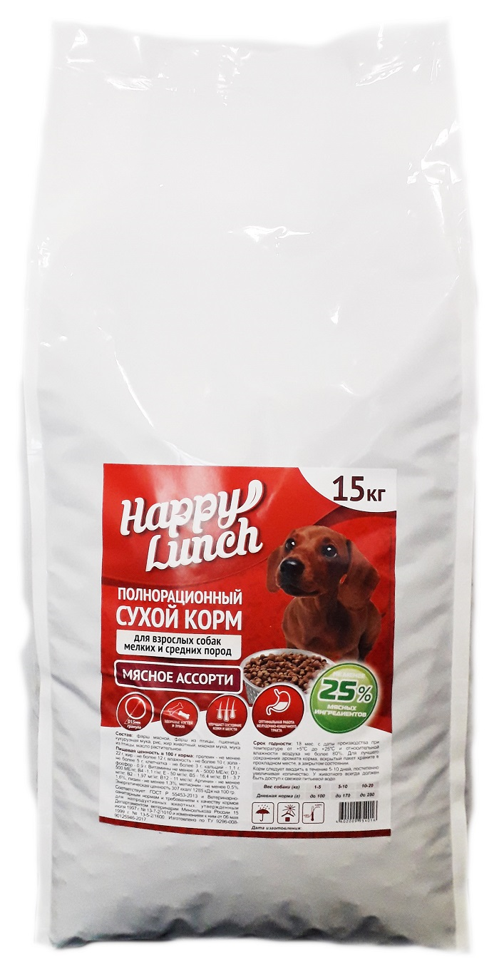 фото Сухой корм для собак happy lunch, для средних и мелких пород, мясное ассорти, 15кг