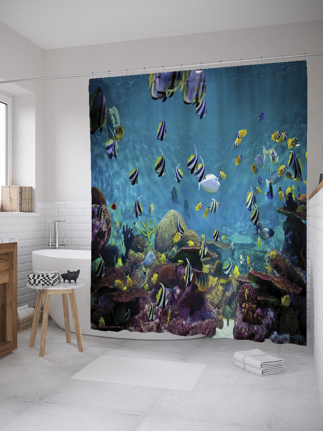 

Штора (занавеска) для ванной «Морская пучина» из ткани, 180х200 см с крючками, Голубой;синий