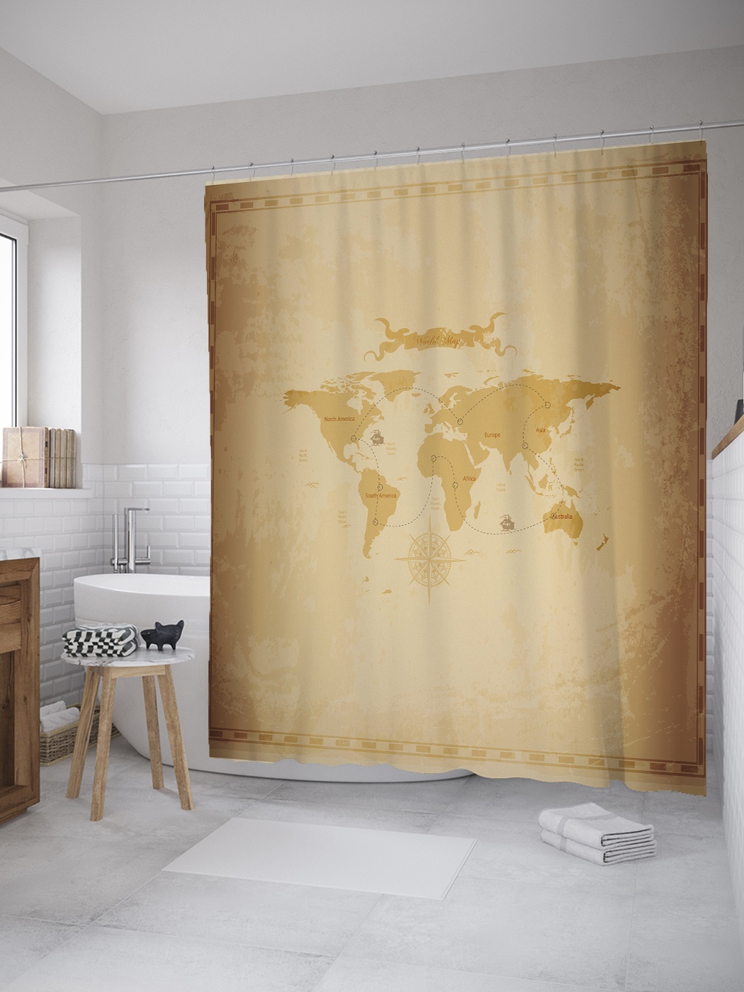 

Штора (занавеска) для ванной «Карта на пергаменте» из ткани, 180х200 см с крючками