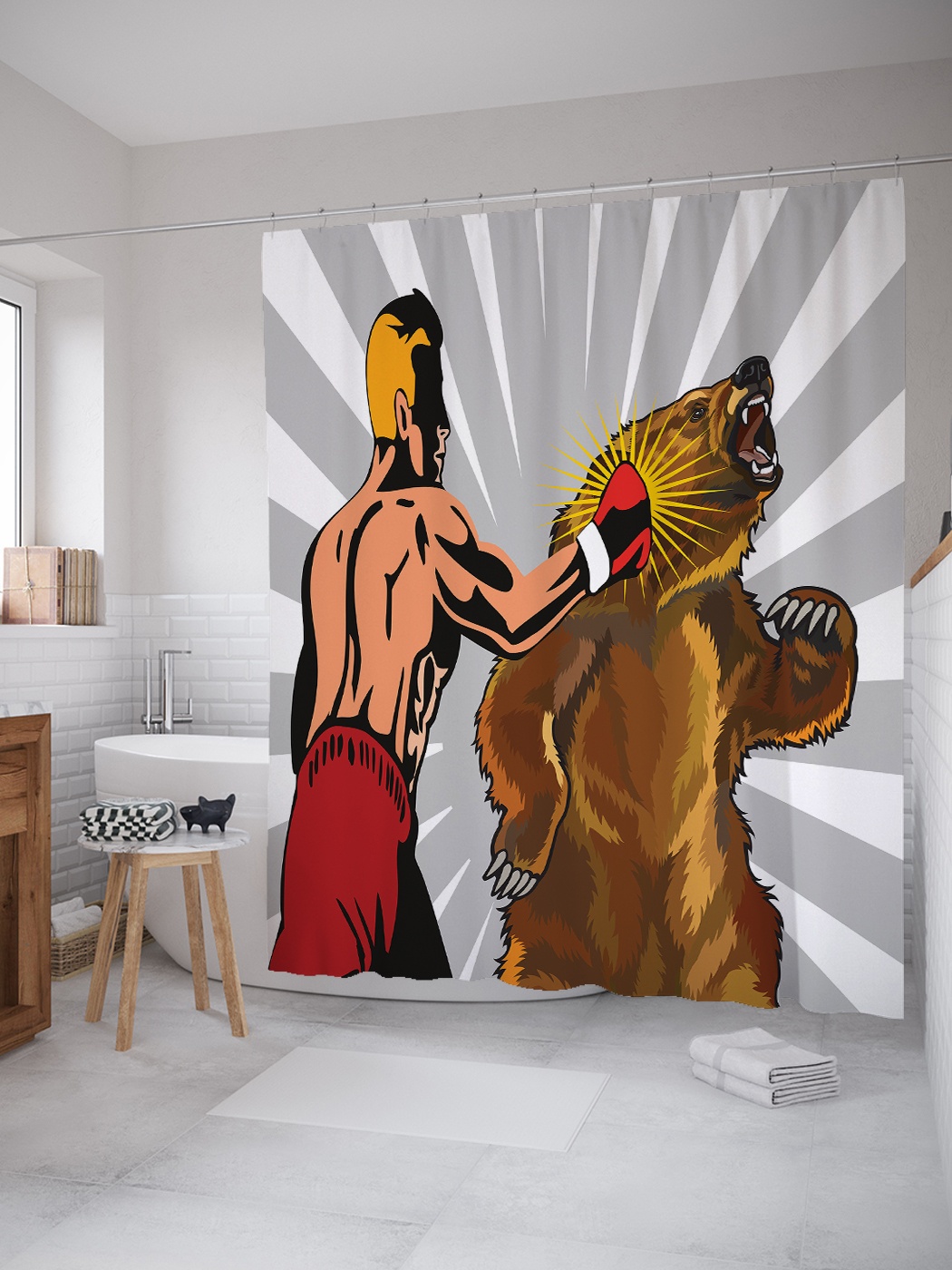 фото Штора (занавеска) для ванной «медведь в боксе» из ткани, 180х200 см с крючками joyarty
