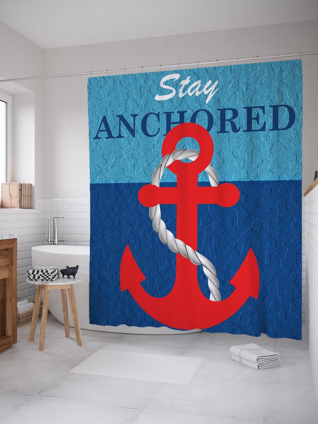 

Штора (занавеска) для ванной «Оставайся на якоре» из ткани, 180х200 см с крючками