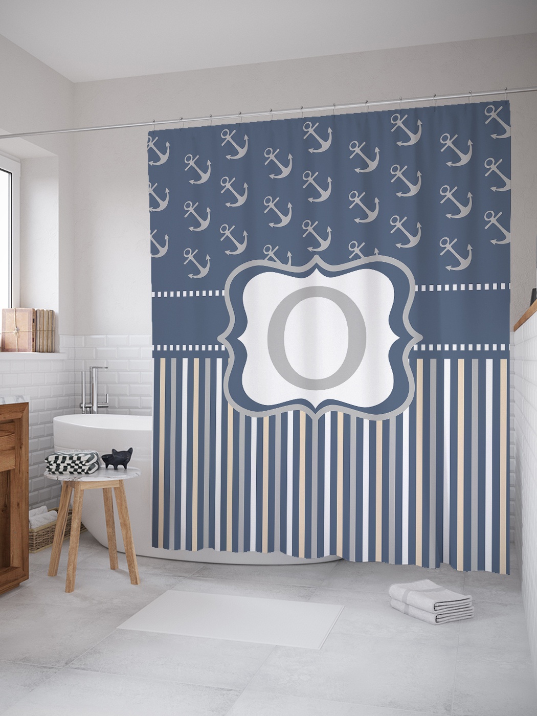 

Штора (занавеска) для ванной «Морская o» из ткани, 180х200 см с крючками
