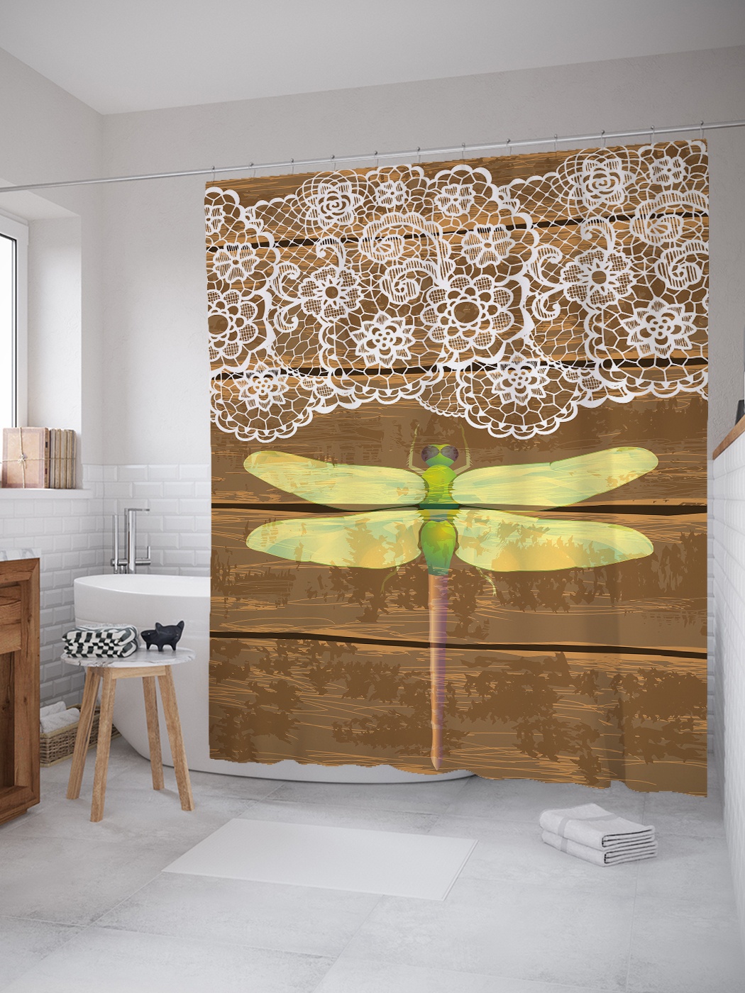 

Штора (занавеска) для ванной «Кружева и стрекоза» из ткани, 180х200 см с крючками