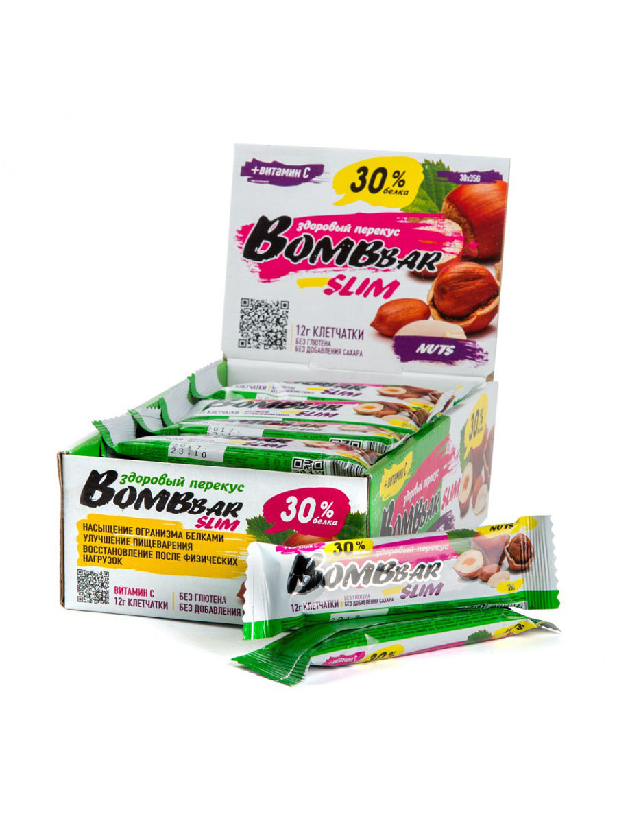 

Батончик Bombbar Slim Bar 30 35 г, 30 шт., арахис фундук, Slim Bar 30