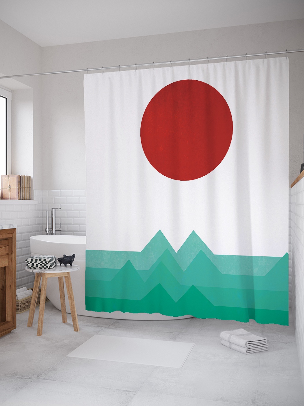 Штора (занавеска) для ванной «Красное солнце» из ткани, 180х200 см с крючками