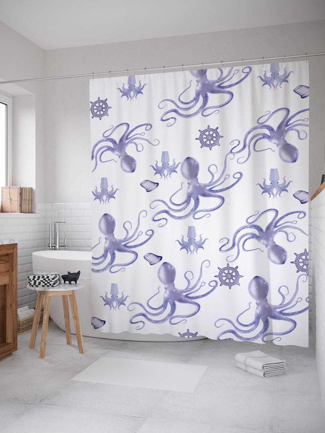 

Штора (занавеска) для ванной «Осьминоги » из ткани, 180х200 см с крючками