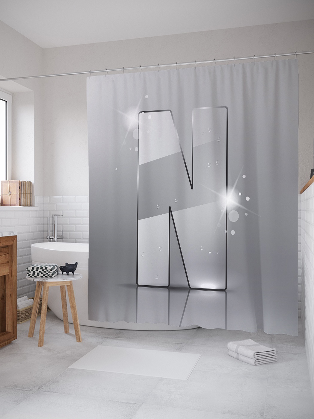 

Штора (занавеска) для ванной «Сверкающая n» из ткани, 180х200 см с крючками