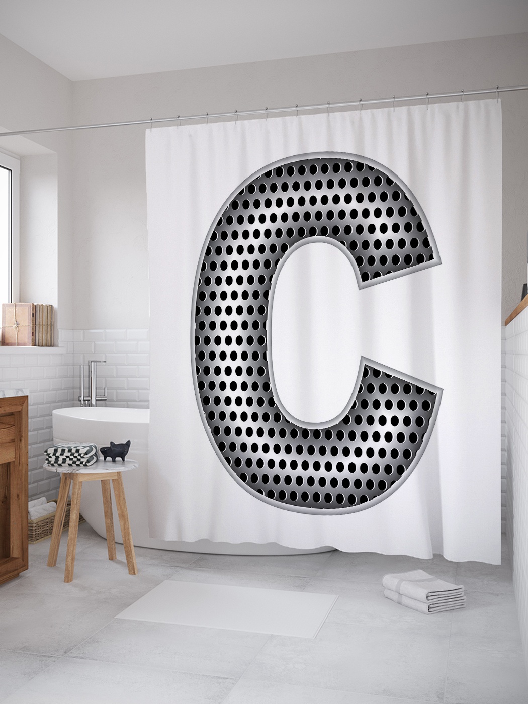 фото Штора (занавеска) для ванной «алюминиевая c» из ткани, 180х200 см с крючками joyarty
