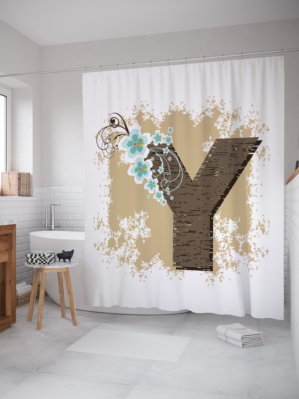 

Штора (занавеска) для ванной «Цветочная y» из ткани, 180х200 см с крючками