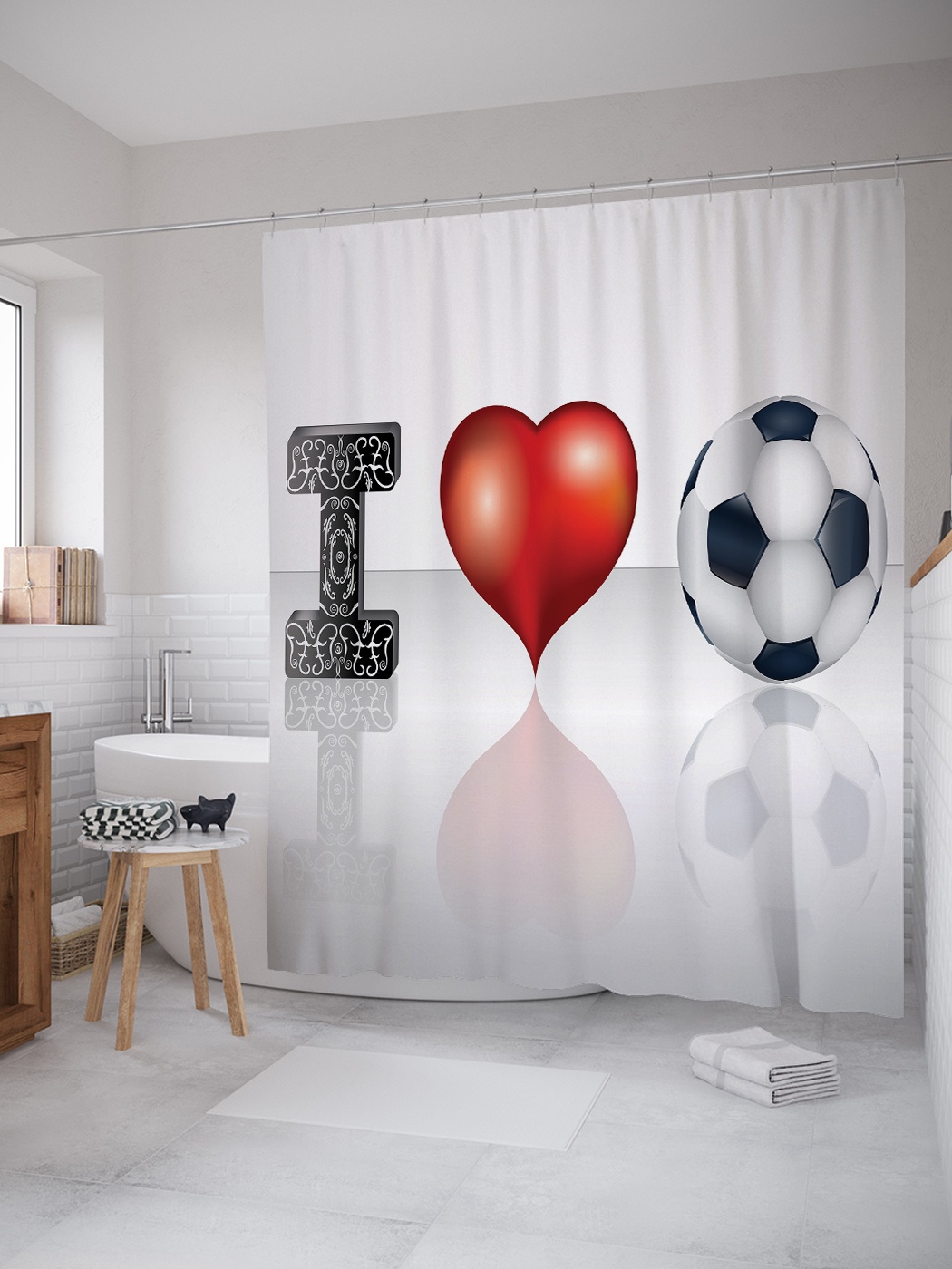 фото Штора (занавеска) для ванной «я люблю футбол» из ткани, 180х200 см с крючками joyarty