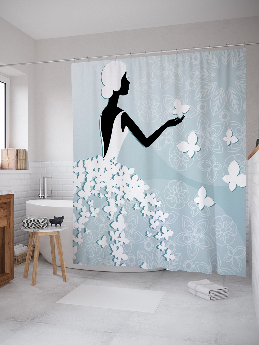 фото Штора (занавеска) для ванной «девушка в платье из бабочек» из ткани, 180х200 см с крючками joyarty