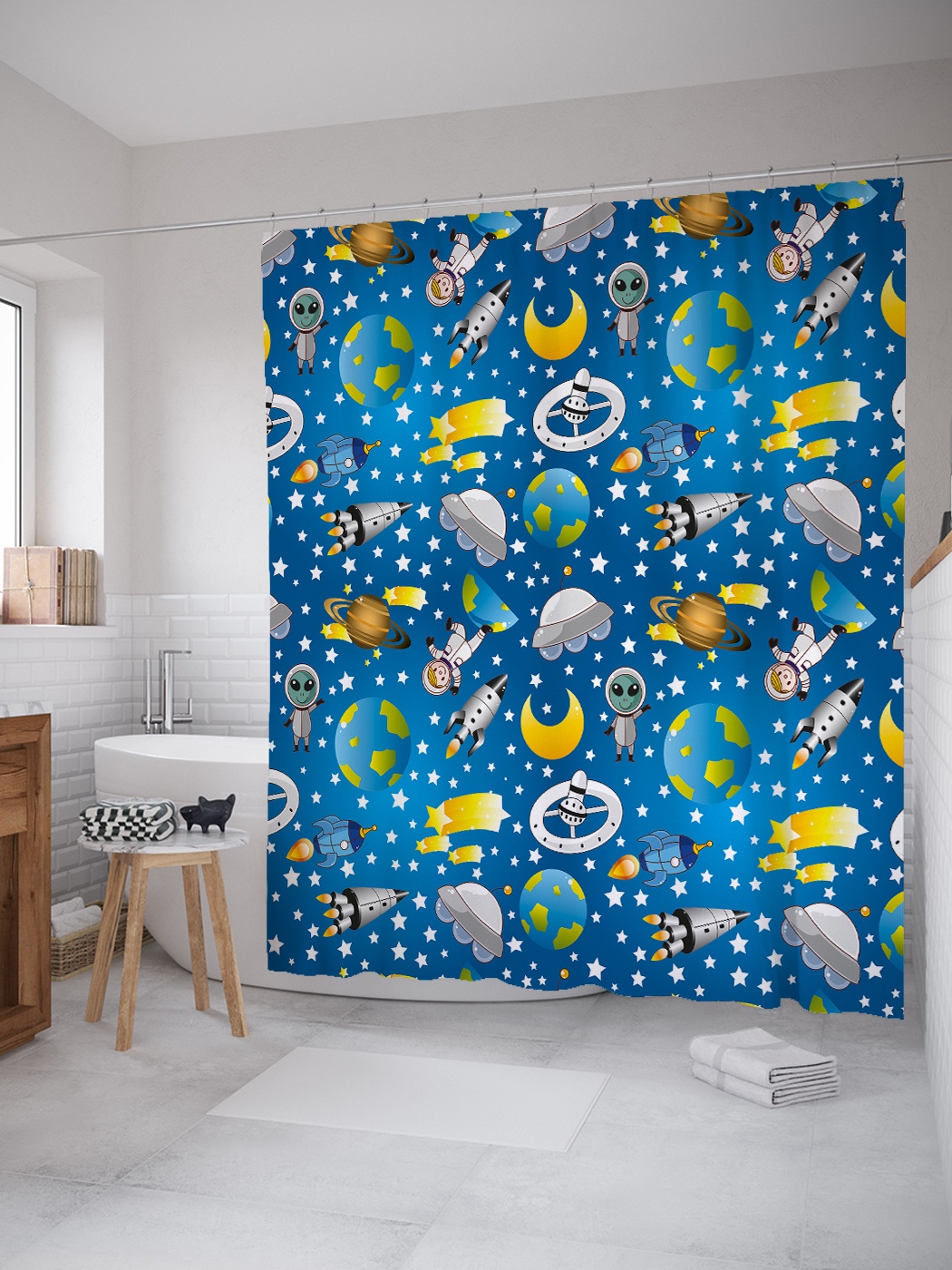 

Штора (занавеска) для ванной «В космосе » из ткани, 180х200 см с крючками, Синий;желтый;серый