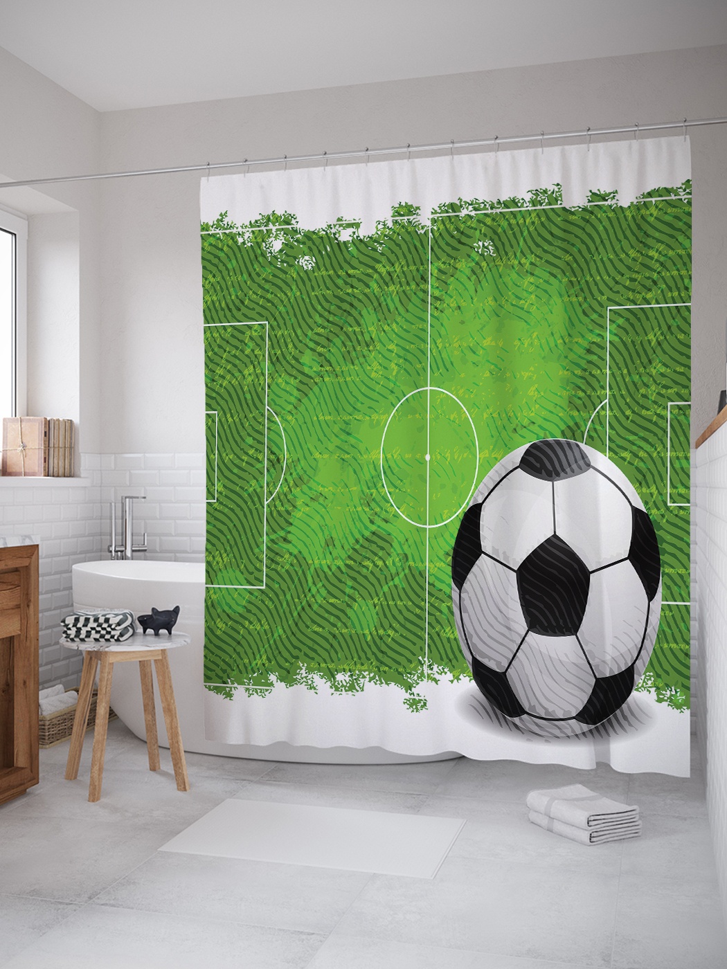 фото Штора (занавеска) для ванной «футбольное поле и мяч» из ткани, 180х200 см с крючками joyarty
