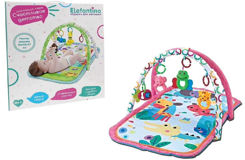 Детский мягкий коврик Elefantino, 4 игрушки-погремушки, IT106282