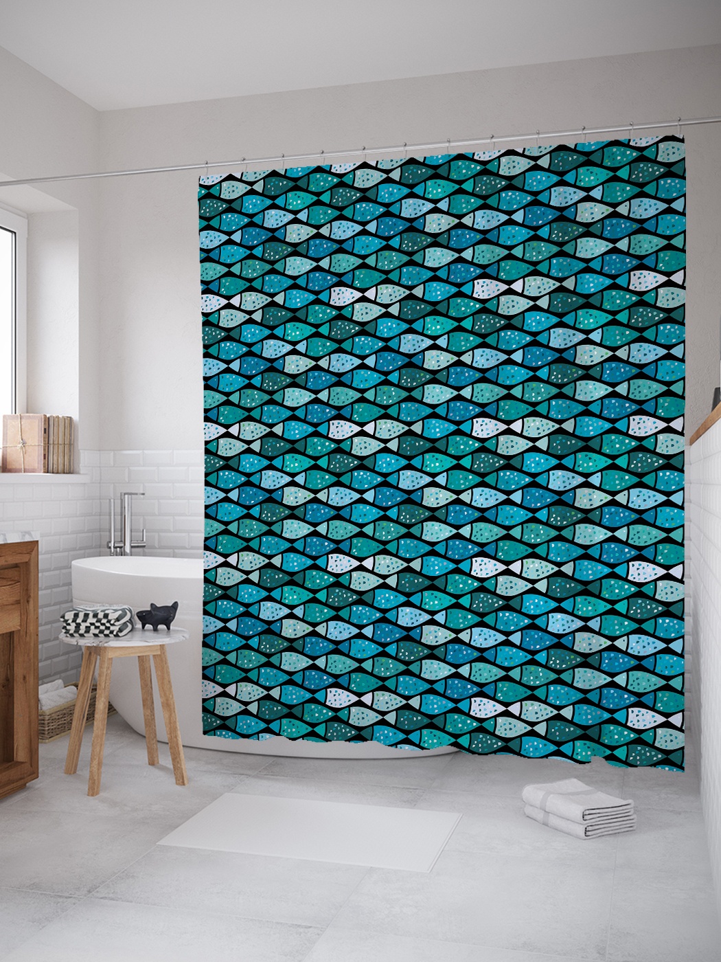 

Штора (занавеска) для ванной «Косяк Рыб» из ткани, 180х200 см с крючками, Голубой;зеленый