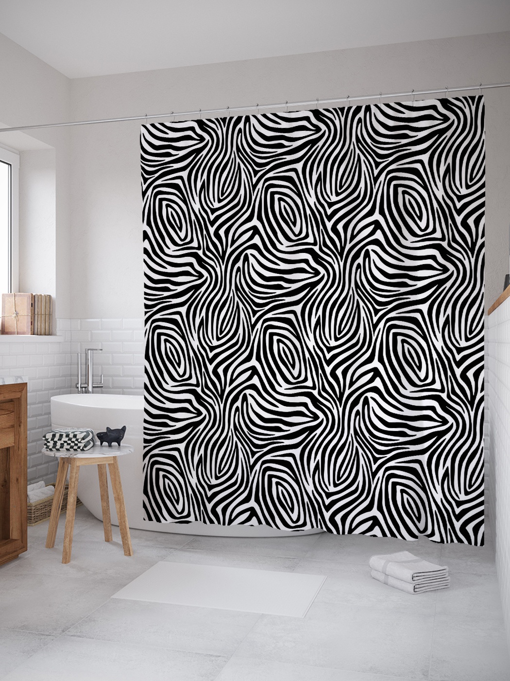 

Штора (занавеска) для ванной «Рисунок зебры» из ткани, 180х200 см с крючками, Черный;белый