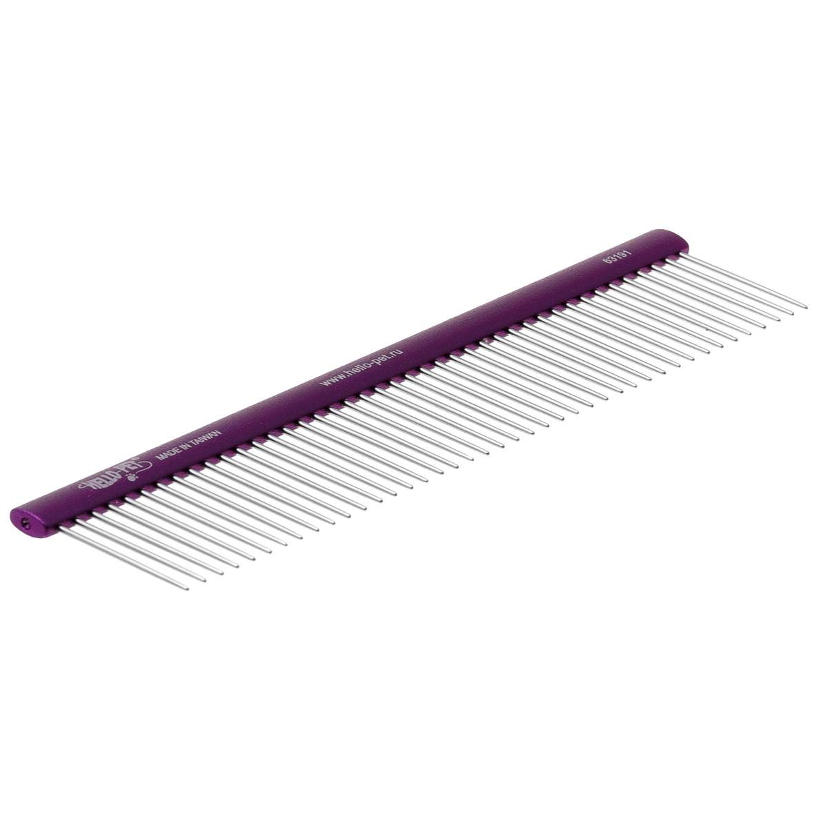 фото Hello pet расческа алюминиевая с овальной фиолетовой ручкой, 25 см, зуб 3,4 см