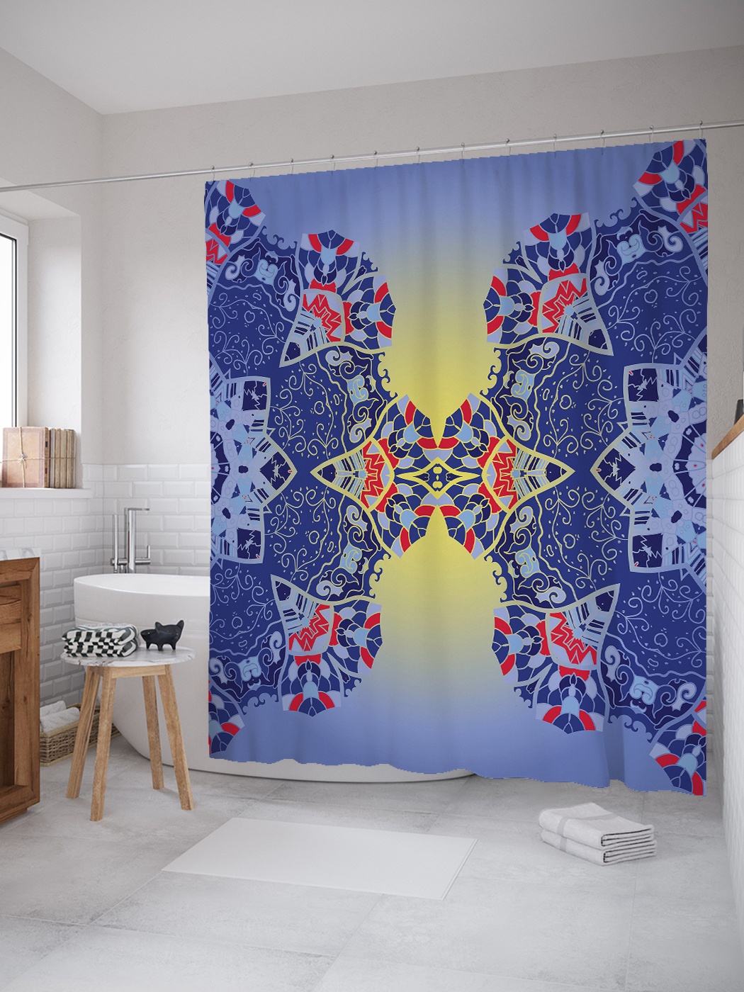 

Штора (занавеска) для ванной «Прикосновение орнамента» из ткани, 180х200 см с крючками, Фиолетовый;желтый;розовый