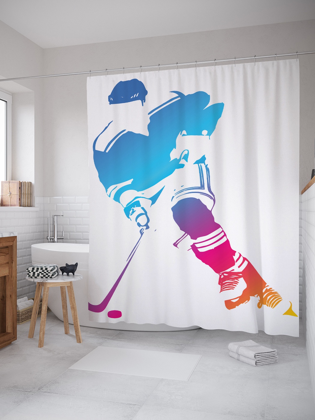 фото Штора (занавеска) для ванной «хоккейный облик» из ткани, 180х200 см с крючками joyarty