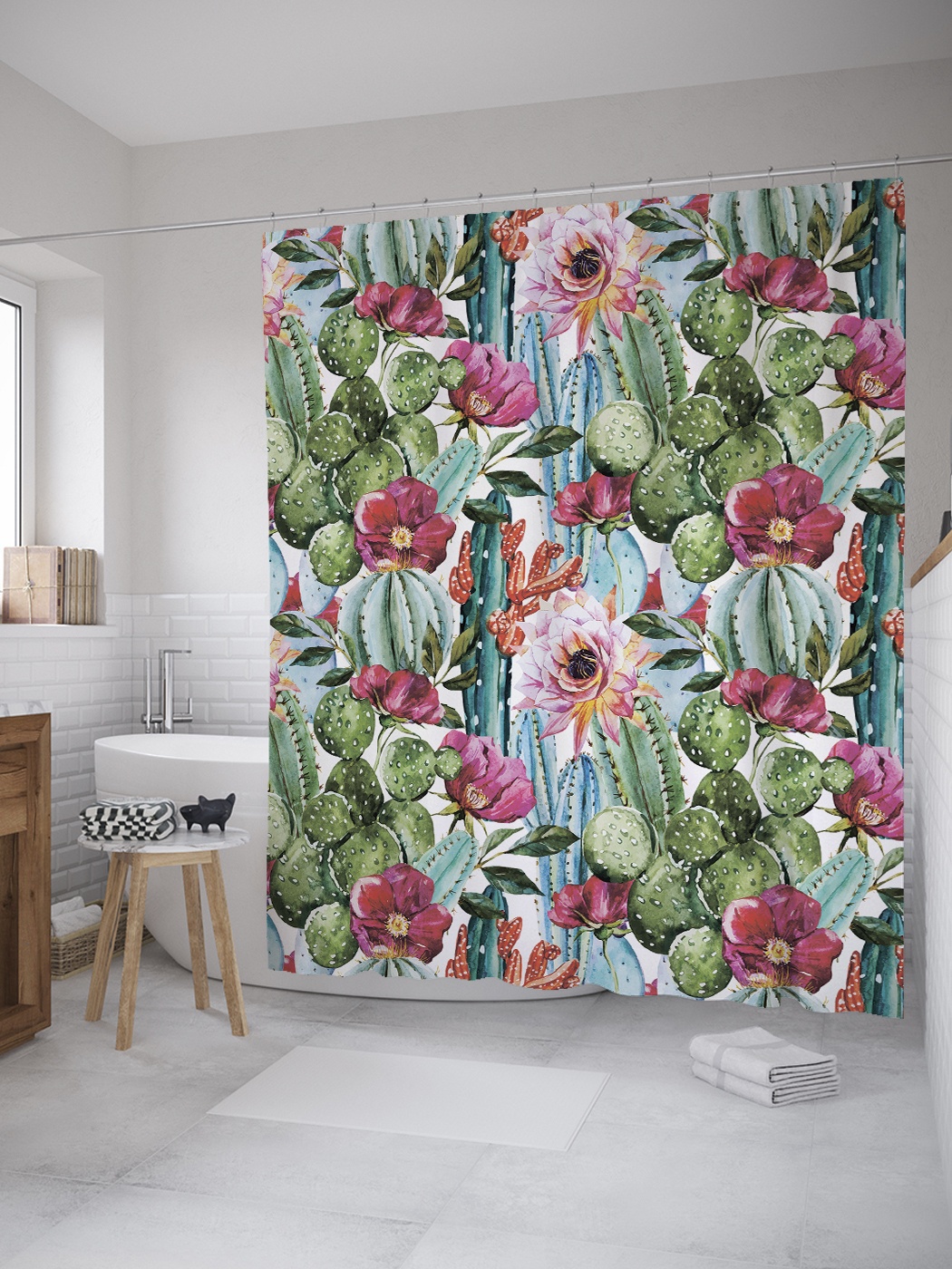 

Штора (занавеска) для ванной «Цветение кактуса» из ткани, 180х200 см с крючками