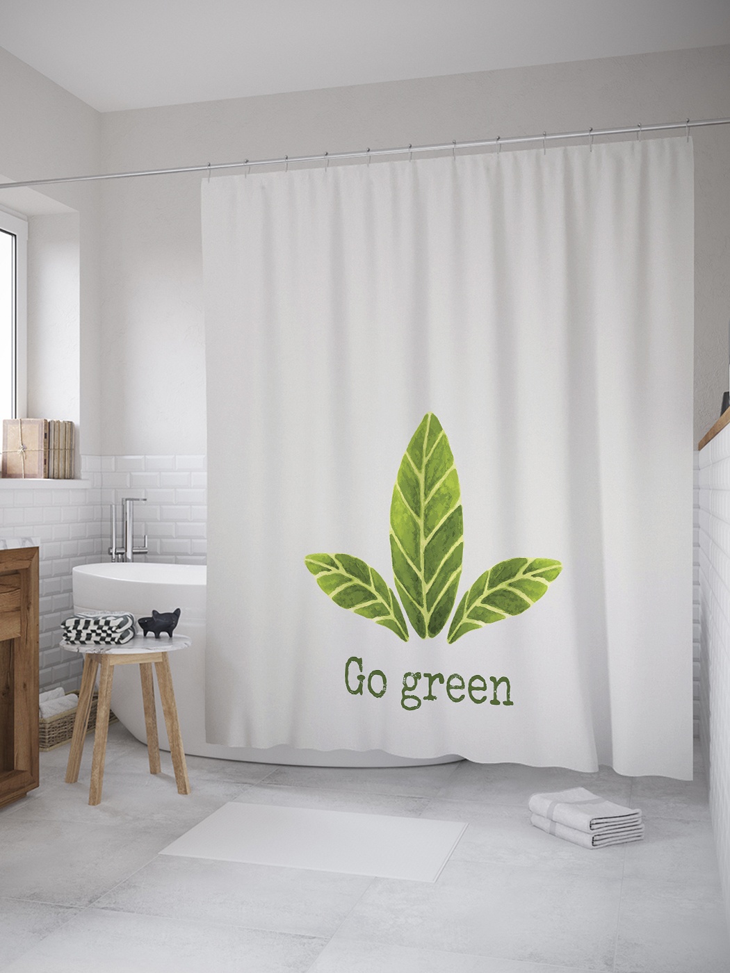 

Штора (занавеска) для ванной «Go green» из ткани, 180х200 см с крючками