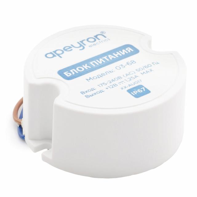 Блок питания APEYRON electrics, 12 В, 15 Вт, IP67, 1,25А, пластик, 49*49 мм. 03-68