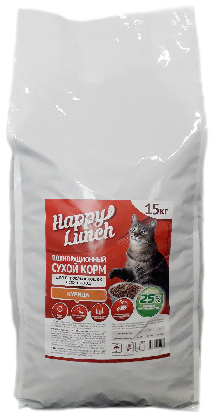 фото Сухой корм для кошек happy lunch с курицей, 15кг