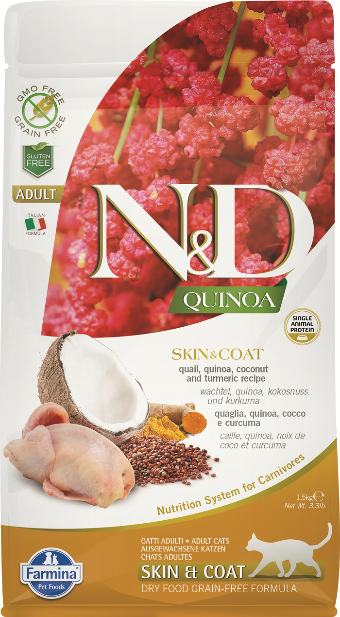 фото Сухой корм для кошек farmina n&d skin & coat adult quinoa, перепел и киноа, 5кг