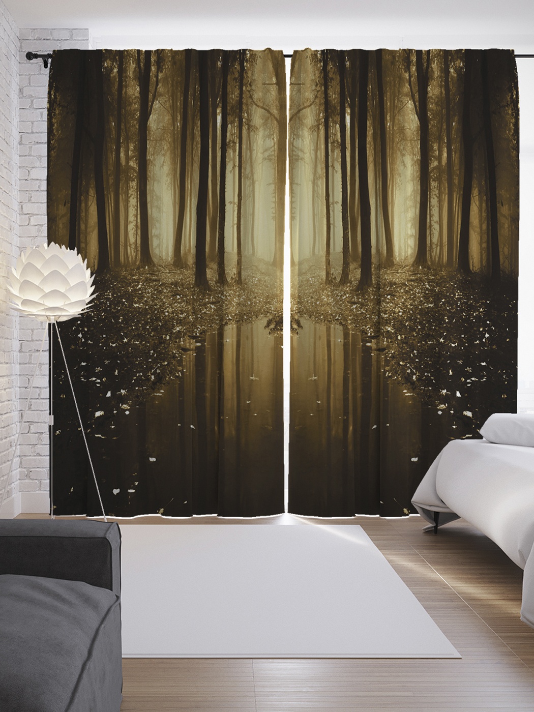 фото Шторы с фотопечатью "лес после дождя" из сатена, 290х265 см joyarty