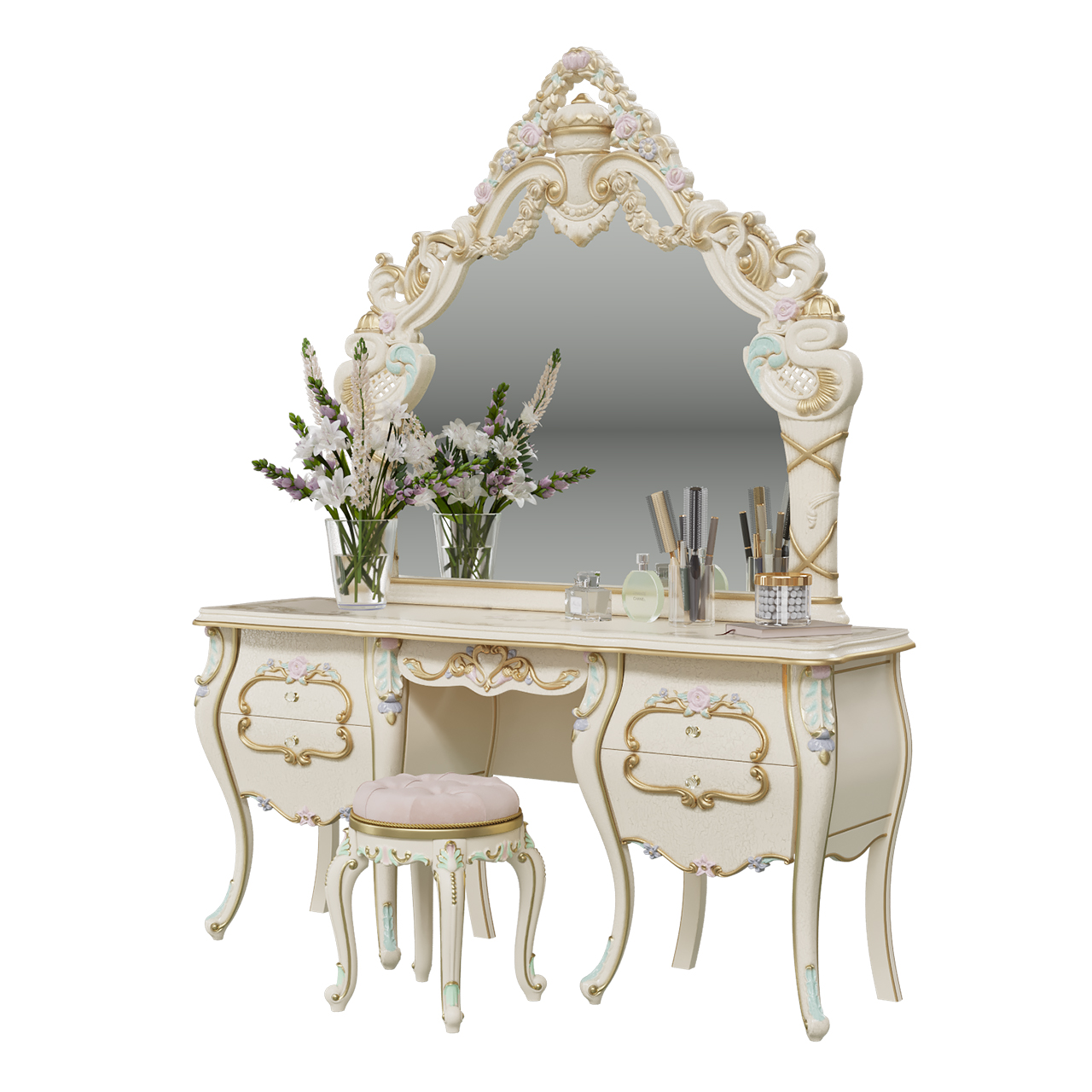фото Стол туалетный с зеркалом и пуфом мэри людовик сл-05+06+07 слоновая кость/золото мэри-мебель