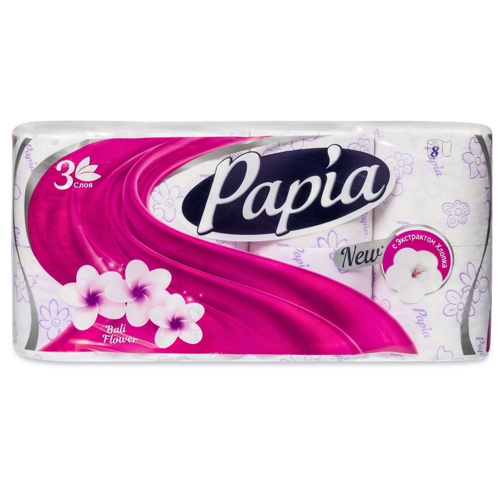 Туалетная бумага PAPIA Балийский Цветок 3 слоя 8 рулонов