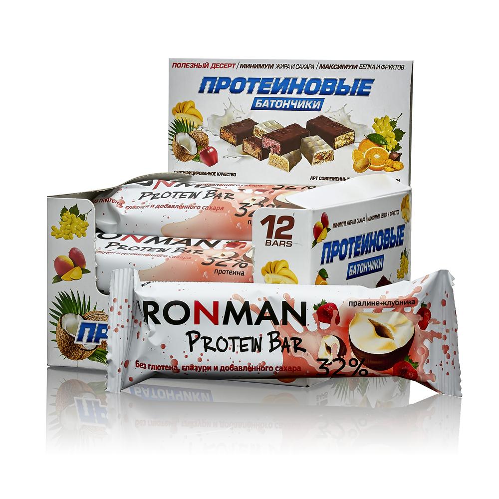 фото Батончик ironman 32 protein bar 12 50 г, 12 шт., пралине с клубникой