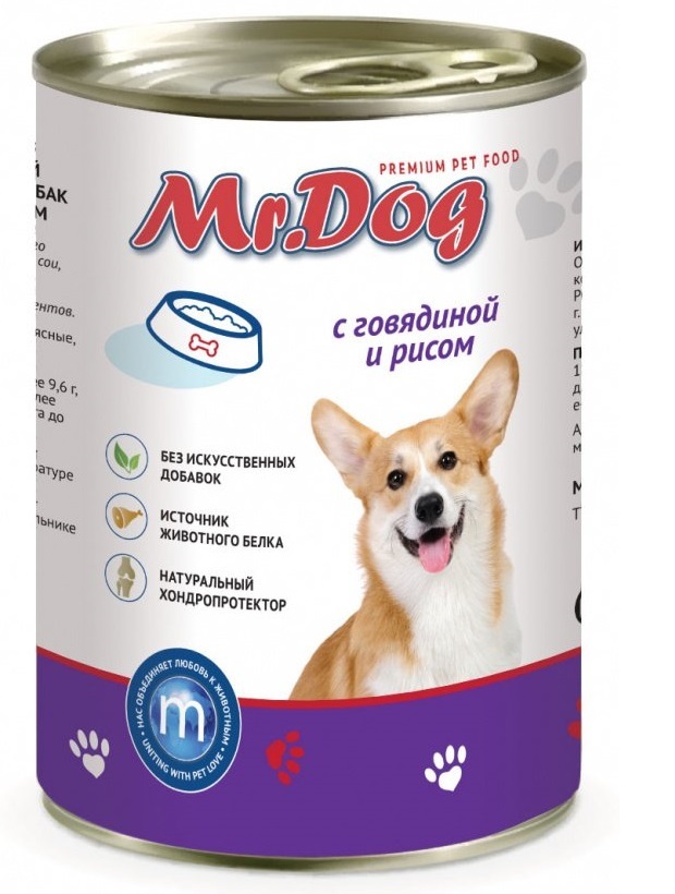 Консервы для собак MrDog, с говядиной и рисом, 6 шт по 410 г