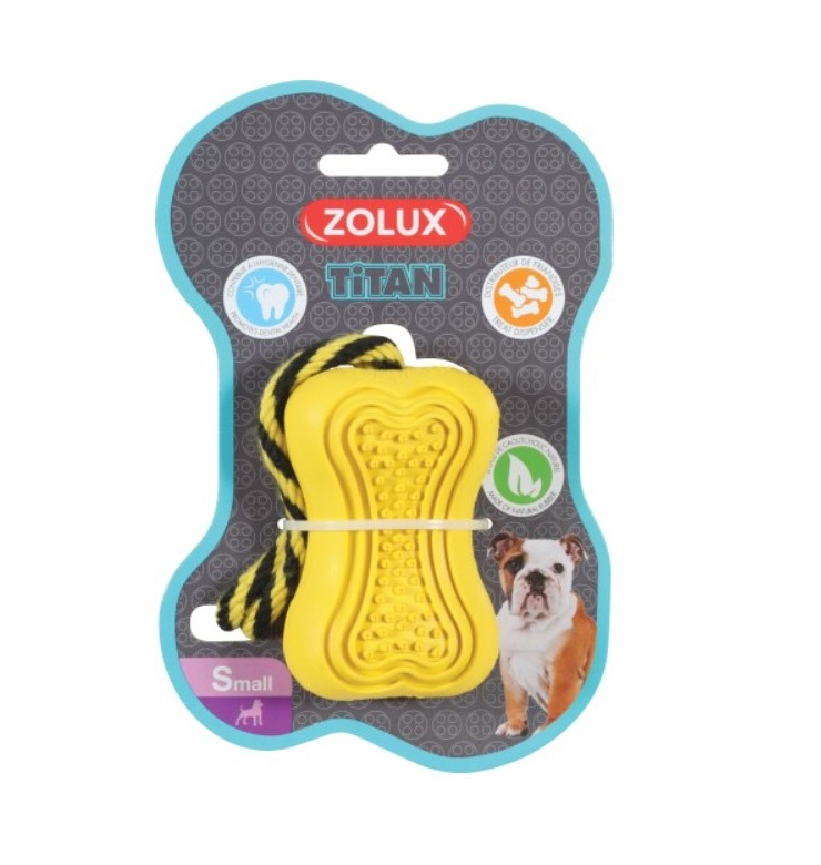 

Игрушка для собак ZOLUX Кость-кормушка (серия Титан) с верёвкой, резина, жёлтая, 8 см