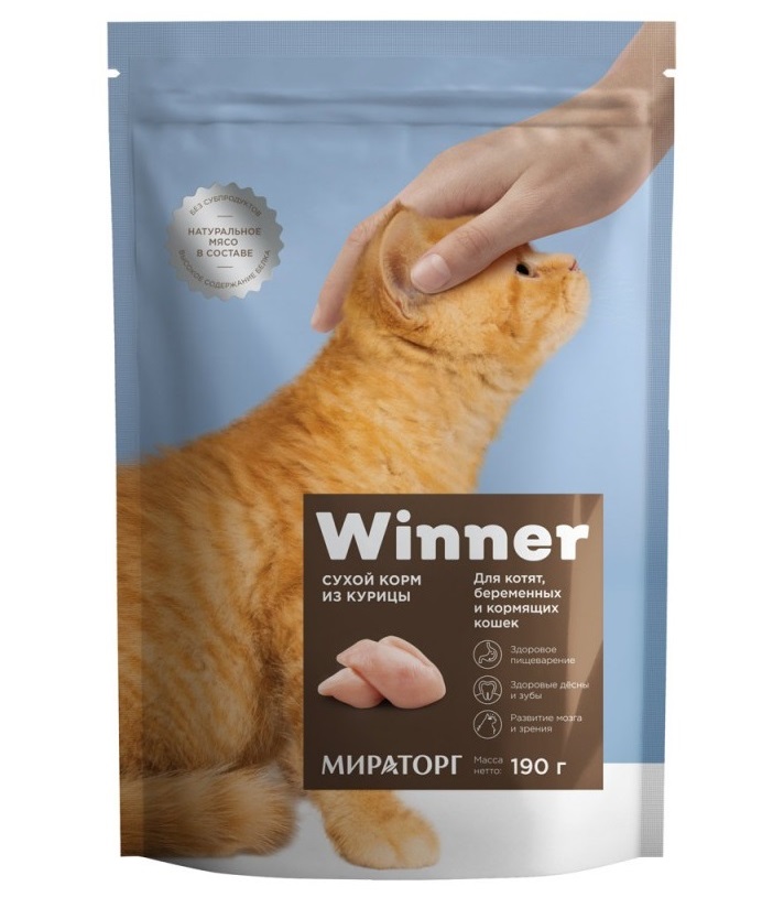 

Сухой корм для котят, беременных и кормящих кошек Winner, с курицей, 190 г, для котят, беременных и кормящих кошек