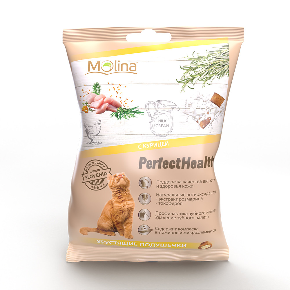 фото Лакомство для кошек molina perfect health подушечки с курицей, 50 г