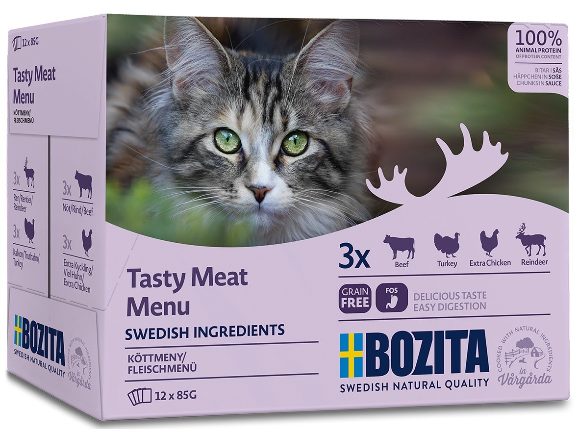 фото Набор паучей для взрослых кошек bozita tasty meat menu кусочки в соусе мясной микс, 12x85г