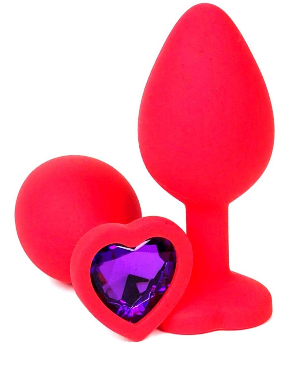 фото Анальная пробка vandersex силиконовая с фиолетовым стразом-сердцем 8 см красная