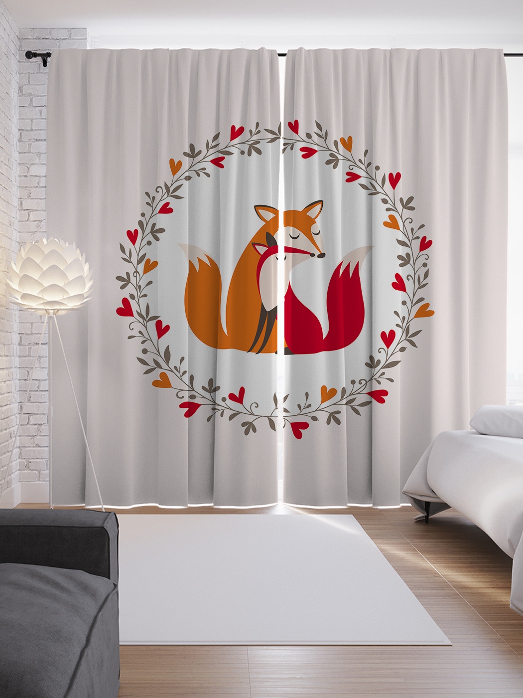 фото Шторы с фотопечатью "лисья любовь" из сатена, 290х265 см joyarty